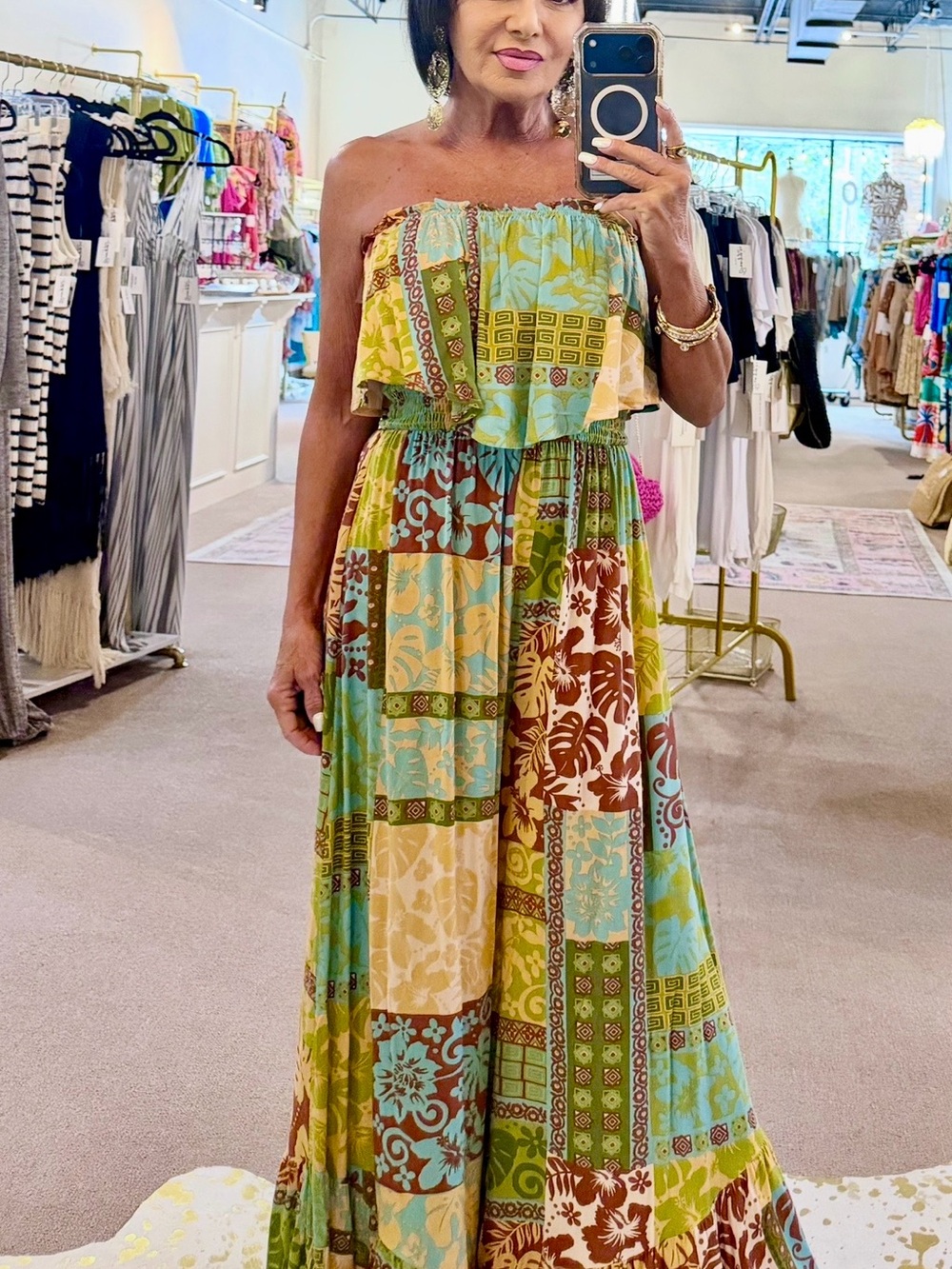 ILLA ILLA Strapless Patchwork Jumper in Green, Brown & Aqua